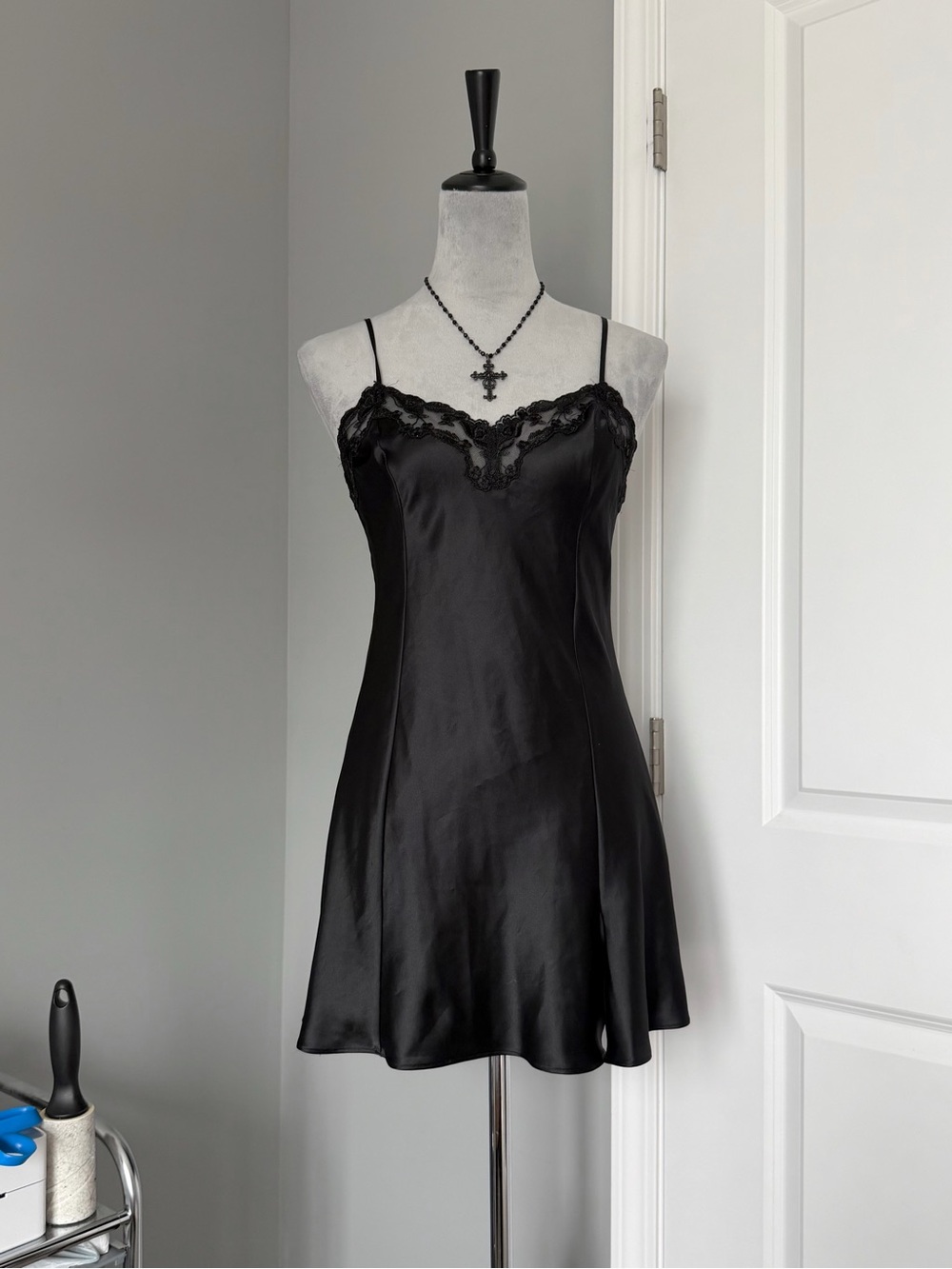 Vintage Victoria’s Secret Black Satin Embroidered Lace Lingerie Slip Dress S